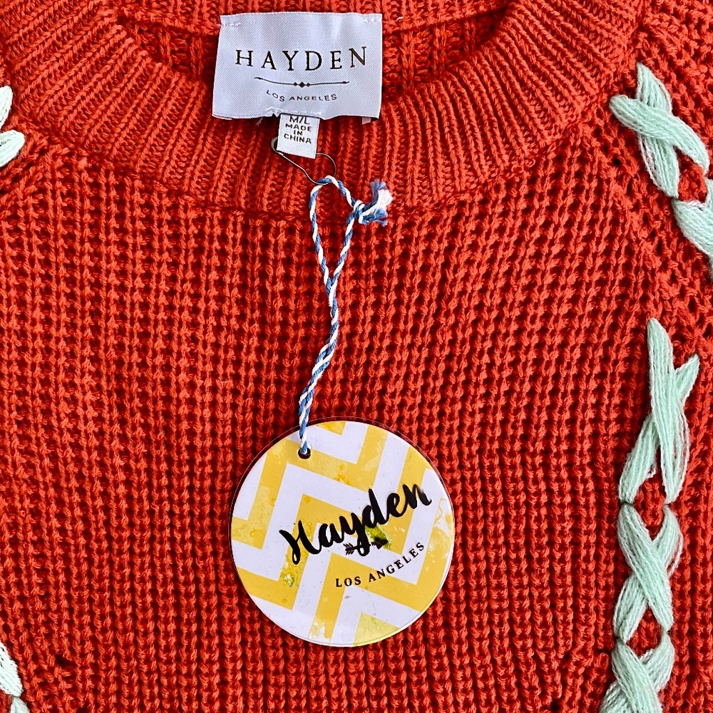 Hayden Orange Knit Sweater Boho Lace Up Detail Crewneck Pullover - Picture 5 of 10